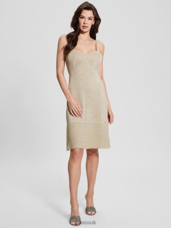 GUESS Women Marion Metallic-Knit Mini Dress Beige Blanco Lurex Apparel V28V6499