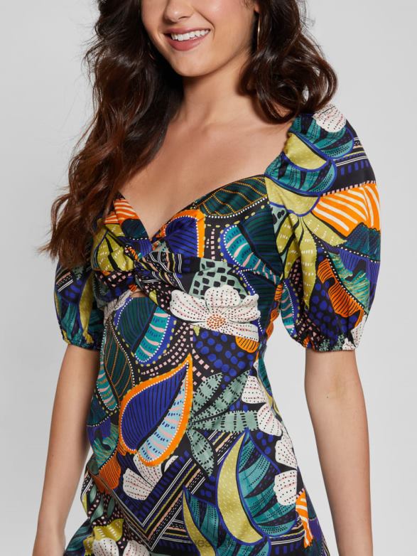 GUESS Women Marisol Printed Puffed Dress Tropical Traveler Apparel V28V6335