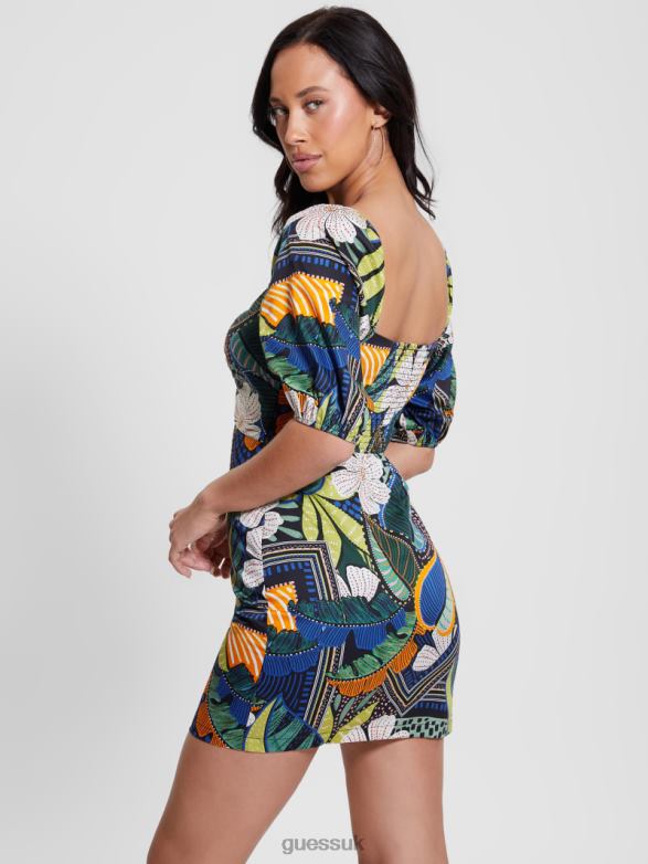 GUESS Women Marisol Printed Puffed Dress Tropical Traveler Apparel V28V6335
