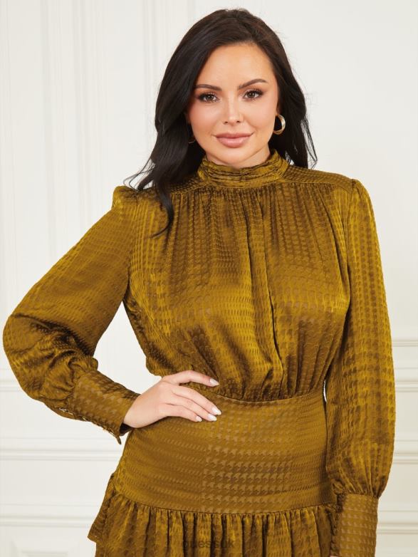 GUESS Women Millie Dress Olive Gold Prince Of Wale Apparel V28V6779