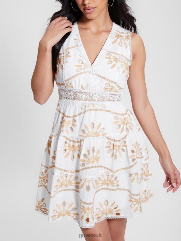 GUESS Women Nadia Embroidered Dress Pure White Multi Apparel V28V6304