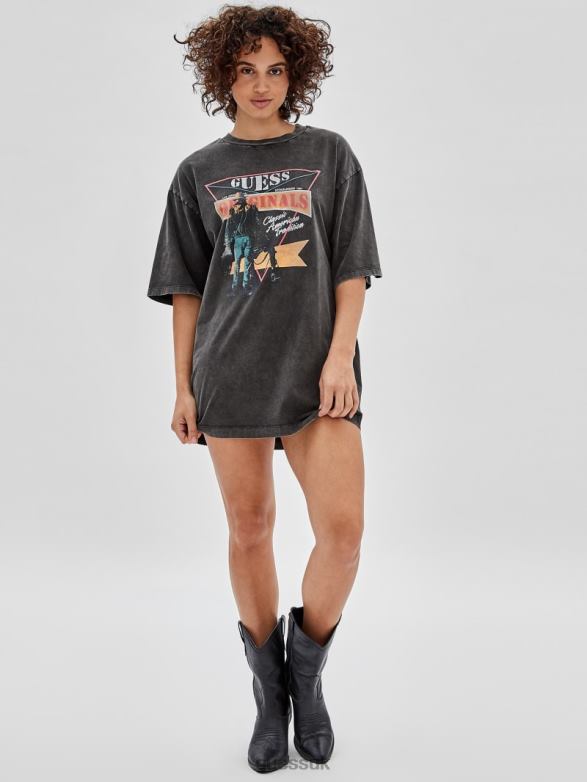 GUESS Women Originals T-Shirt Dress Jet Black Multi Apparel V28V6365