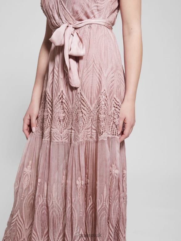GUESS Women Pam Embroidered Long Dress Vintage Blush Multi Apparel V28V6570