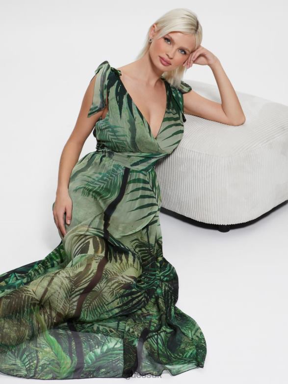 GUESS Women Venus Smocked Maxi Dress Raiforest Apparel V28V6607