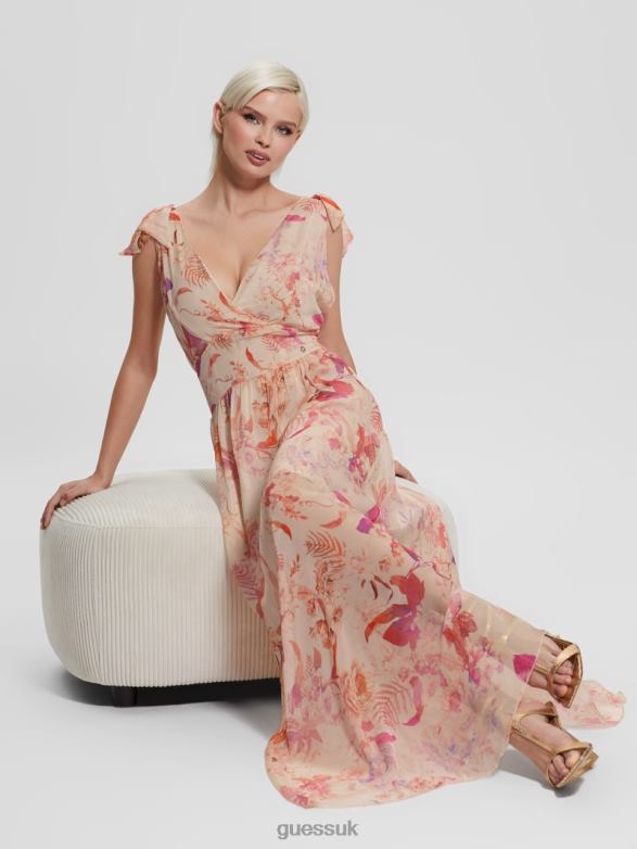 GUESS Women Venus Smocked Maxi Dress Reclaimed Romance Apparel V28V6602