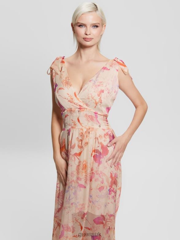GUESS Women Venus Smocked Maxi Dress Reclaimed Romance Apparel V28V6602