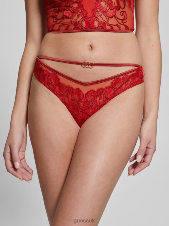 GUESS Women Christie Floral Shimmer Brazilian Panty Flowery Lurex Red Apparel V28V62645