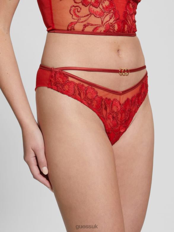 GUESS Women Christie Floral Shimmer Brazilian Panty Flowery Lurex Red Apparel V28V62645