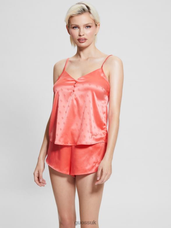 GUESS Women Corynn Satin PJ Set Rhombus G Shiny Rose Apparel V28V62628