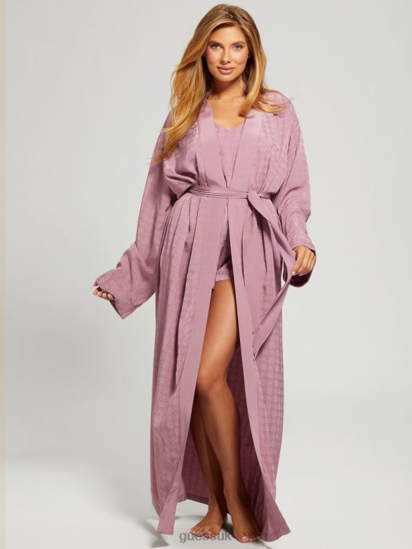 GUESS Women Doris Satin Night Gown Robe 4G Shiny Jacquard Winegar Apparel V28V62623