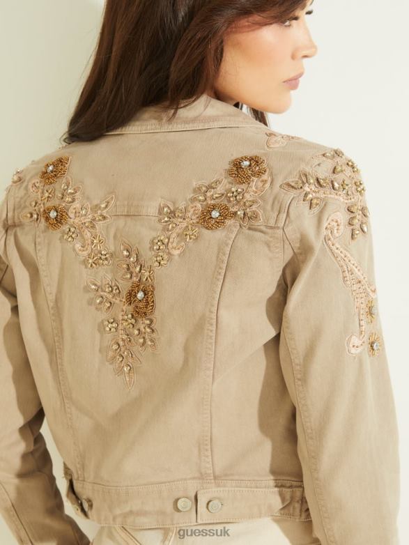 GUESS Women Adoria Embellished Denim Jacket Golden Rum Apparel V28V6253