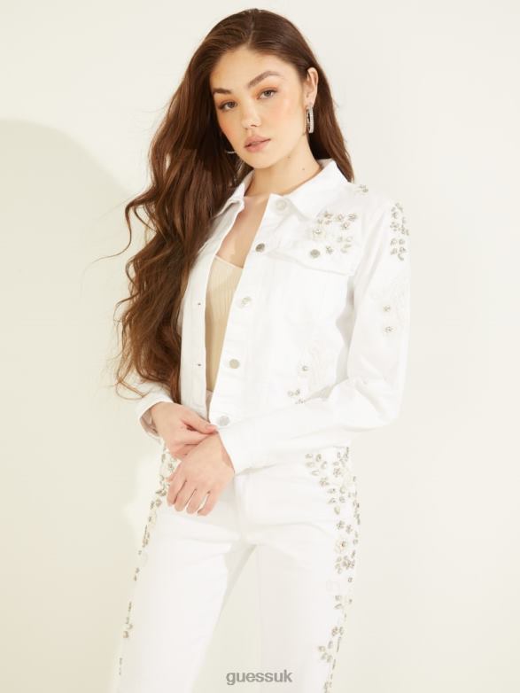 GUESS Women Adoria Embellished Denim Jacket Golden White Apparel V28V6222