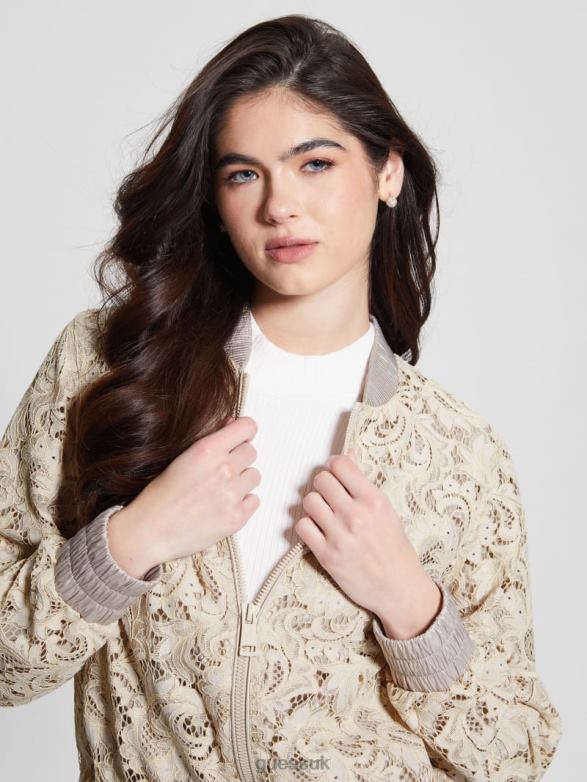 GUESS Women Aisha Lace Flight Jacket Muted Stone Multi Apparel V28V61731