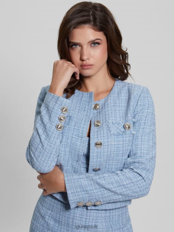 GUESS Women Alara Shimmer Tweed Jacket Sky Dusk Multi Apparel V28V61924