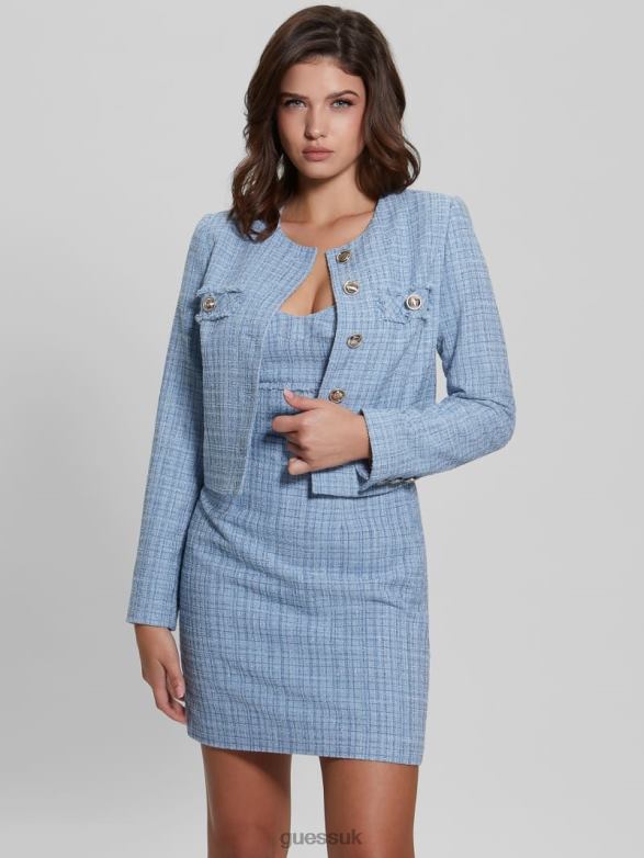 GUESS Women Alara Shimmer Tweed Jacket Sky Dusk Multi Apparel V28V61924