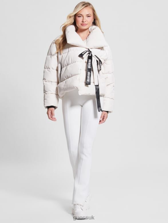 GUESS Women Claudia Tie Puffer Jacket Parchment Tone Apparel V28V61978