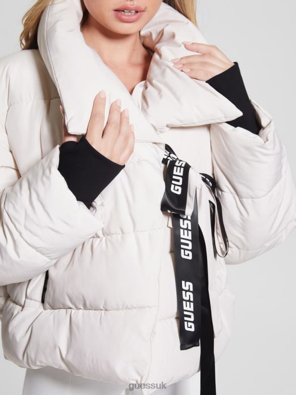 GUESS Women Claudia Tie Puffer Jacket Parchment Tone Apparel V28V61978