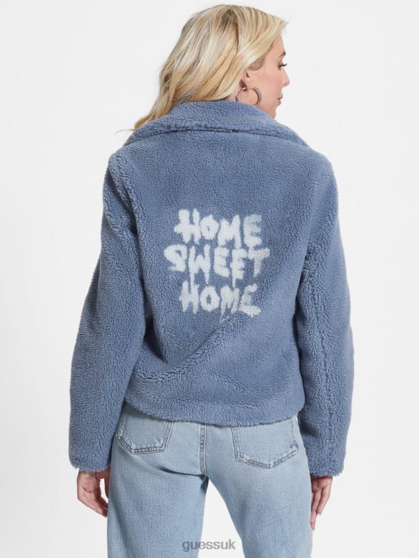 GUESS Women Daria Faux-Sherpa Moto Jacket Steel Blue Apparel V28V61943