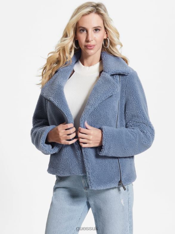 GUESS Women Daria Faux-Sherpa Moto Jacket Steel Blue Apparel V28V61943
