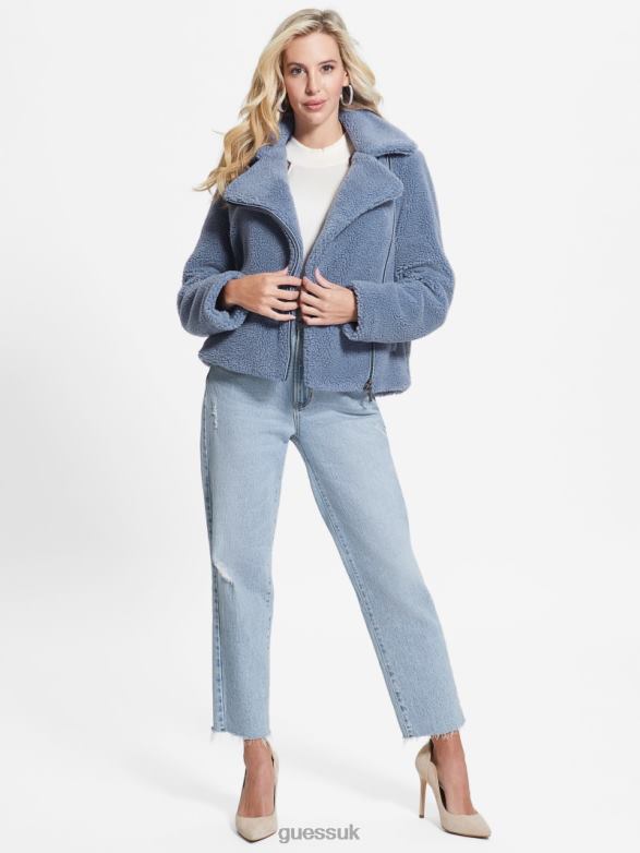 GUESS Women Daria Faux-Sherpa Moto Jacket Steel Blue Apparel V28V61943