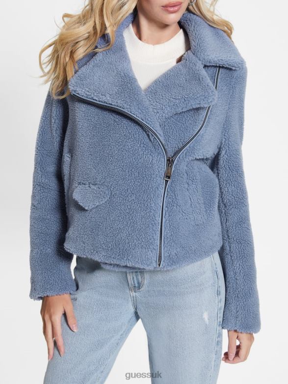 GUESS Women Daria Faux-Sherpa Moto Jacket Steel Blue Apparel V28V61943