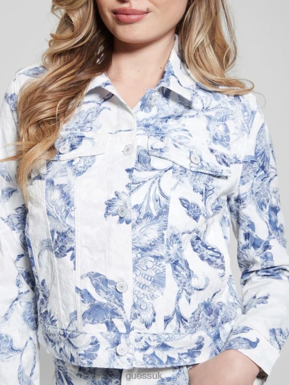 GUESS Women Delya Floral Trucker Jacket Porcelain Flower Apparel V28V6112