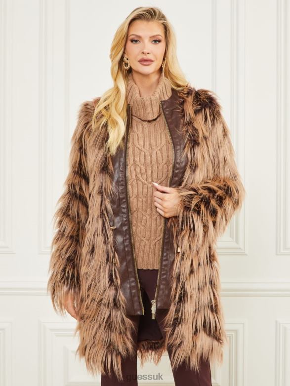 GUESS Women Dinah Shaggy Coat Dark Bourbon With Classic Apparel V28V61977