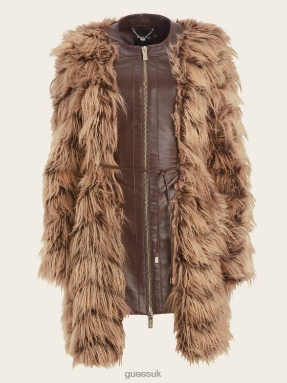 GUESS Women Dinah Shaggy Coat Dark Bourbon With Classic Apparel V28V61977