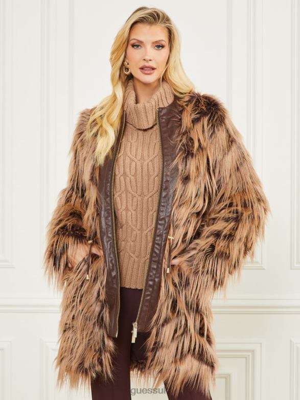 GUESS Women Dinah Shaggy Coat Dark Bourbon With Classic Apparel V28V61977