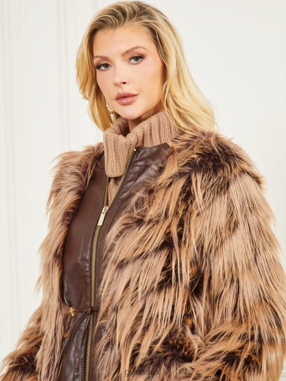 GUESS Women Dinah Shaggy Coat Dark Bourbon With Classic Apparel V28V61977