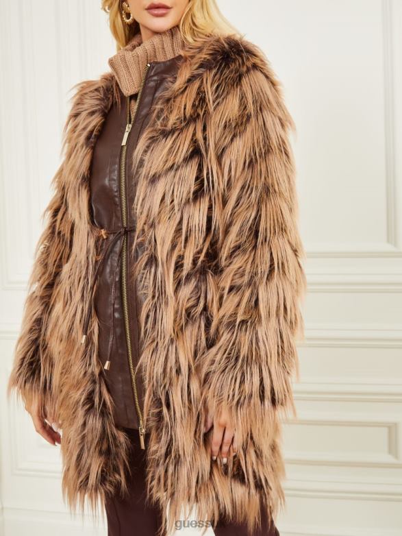 GUESS Women Dinah Shaggy Coat Dark Bourbon With Classic Apparel V28V61977