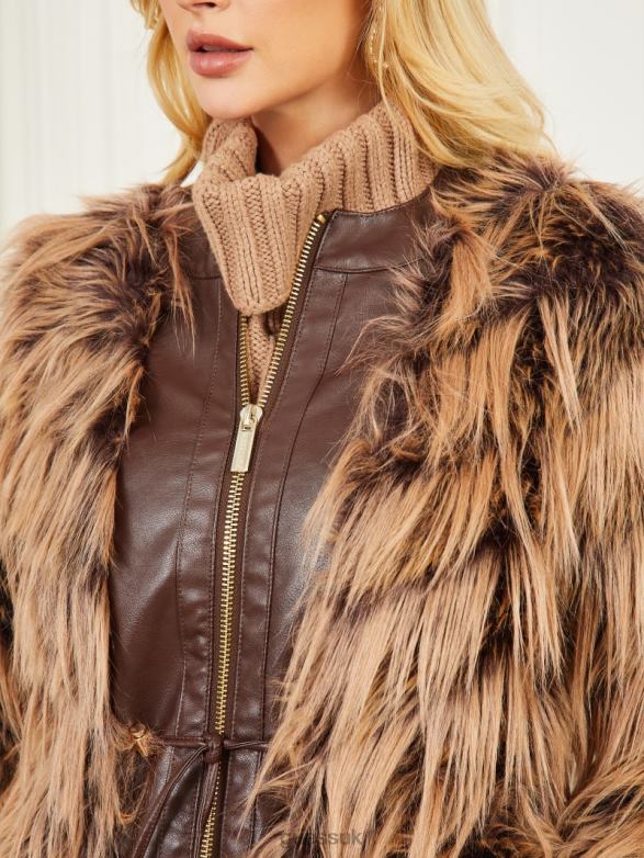 GUESS Women Dinah Shaggy Coat Dark Bourbon With Classic Apparel V28V61977