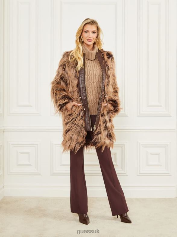 GUESS Women Dinah Shaggy Coat Dark Bourbon With Classic Apparel V28V61977