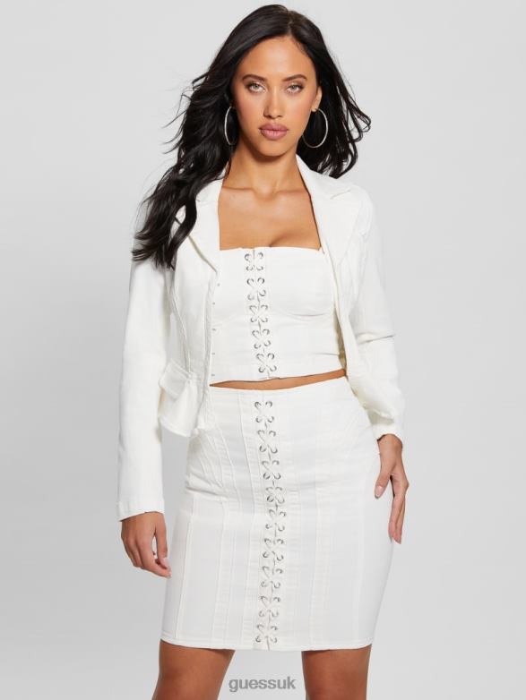 GUESS Women Eco Cecila Lace-Up Denim Blazer Pure White Apparel V28V681