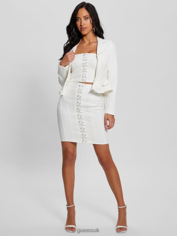 GUESS Women Eco Cecila Lace-Up Denim Blazer Pure White Apparel V28V681