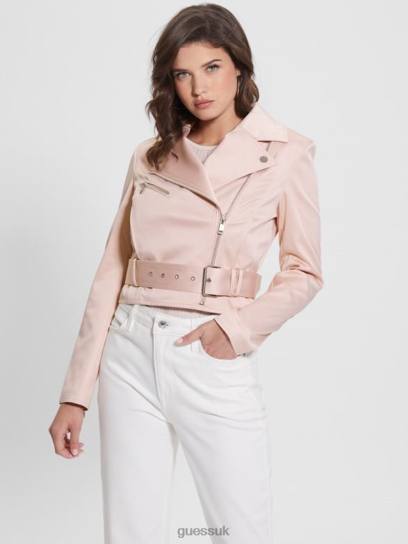 GUESS Women Eco Luna Cropped Biker Jacket Dolly Pink Apparel V28V61725