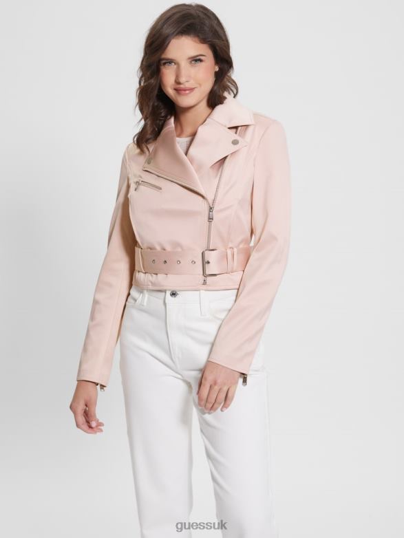 GUESS Women Eco Luna Cropped Biker Jacket Dolly Pink Apparel V28V61725