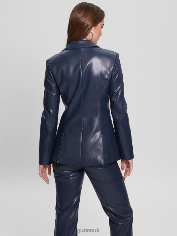 GUESS Women Emelie Faux-Leather Blazer Blackened Blue Apparel V28V61912