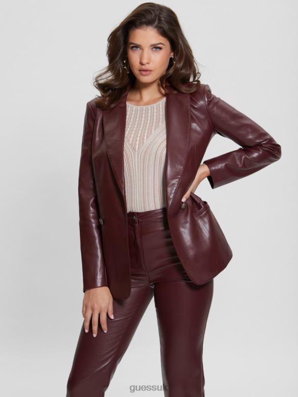 GUESS Women Emelie Faux-Leather Blazer Mystic Wine Multi Apparel V28V61861