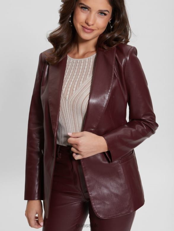 GUESS Women Emelie Faux-Leather Blazer Mystic Wine Multi Apparel V28V61861