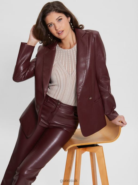 GUESS Women Emelie Faux-Leather Blazer Mystic Wine Multi Apparel V28V61861