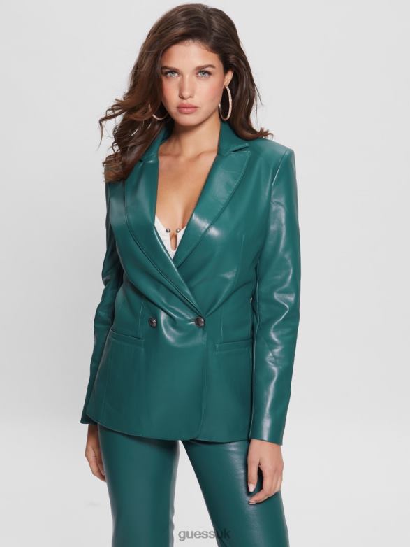 GUESS Women Emelie Faux-Leather Blazer Regal Teal Multi Apparel V28V61867