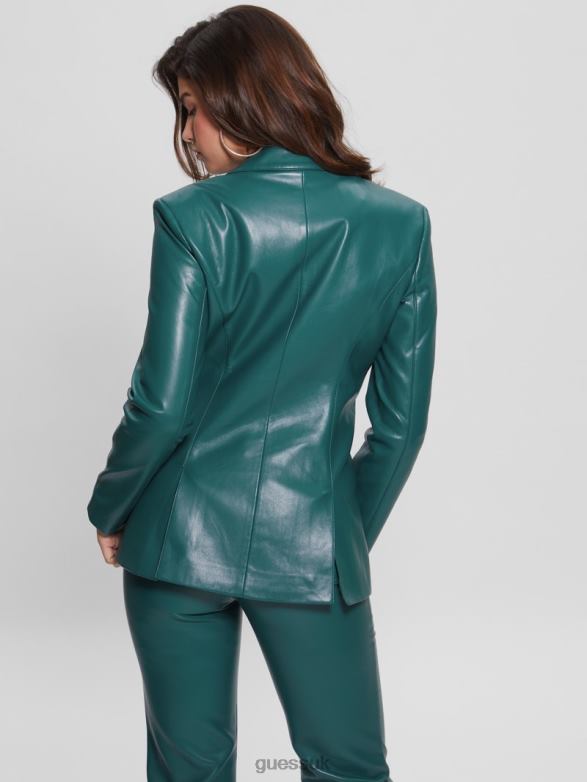 GUESS Women Emelie Faux-Leather Blazer Regal Teal Multi Apparel V28V61867
