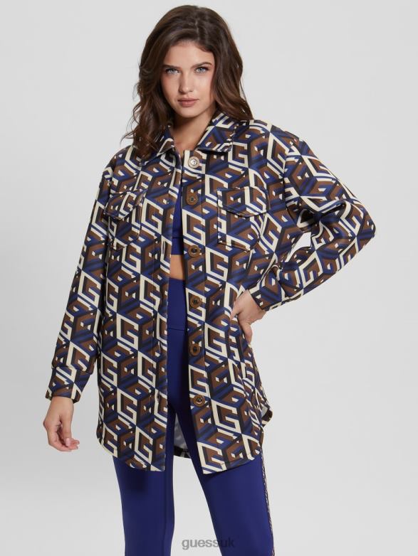 GUESS Women Emilee Scuba-Knit Shacket Medium G Cube Blue Combo Apparel V28V61542