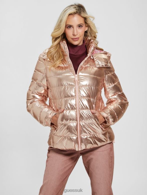 GUESS Women Fiorenza Puffer Jacket Pink Metallic Multi Apparel V28V61993