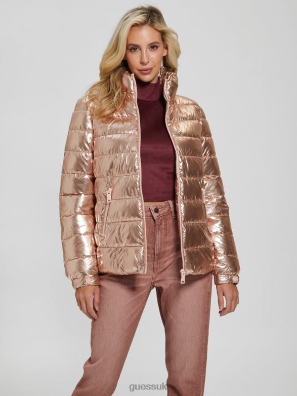 GUESS Women Fiorenza Puffer Jacket Pink Metallic Multi Apparel V28V61993