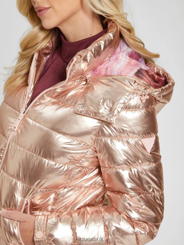 GUESS Women Fiorenza Puffer Jacket Pink Metallic Multi Apparel V28V61993
