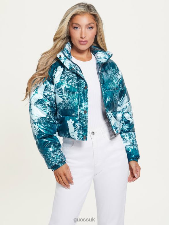 GUESS Women Gabi Cropped Puffer Jacket Country Garden Teal Print Apparel V28V61952