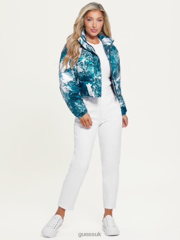 GUESS Women Gabi Cropped Puffer Jacket Country Garden Teal Print Apparel V28V61952