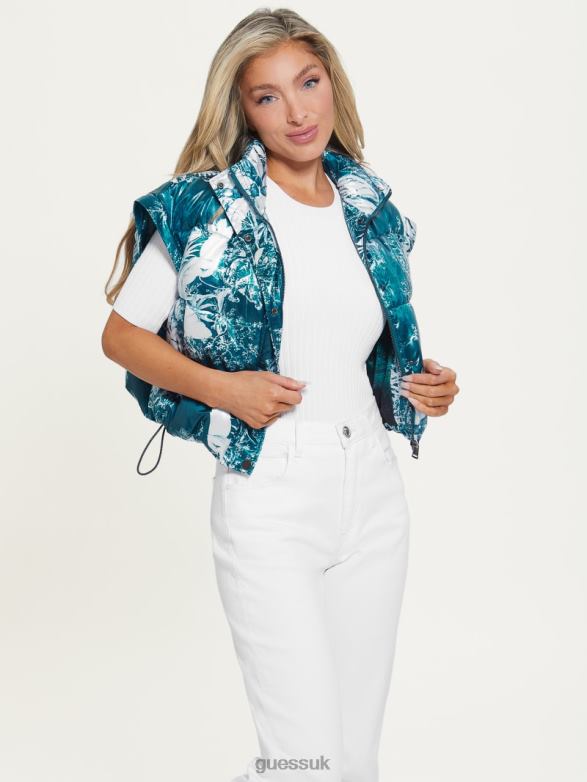 GUESS Women Gabi Cropped Puffer Jacket Country Garden Teal Print Apparel V28V61952